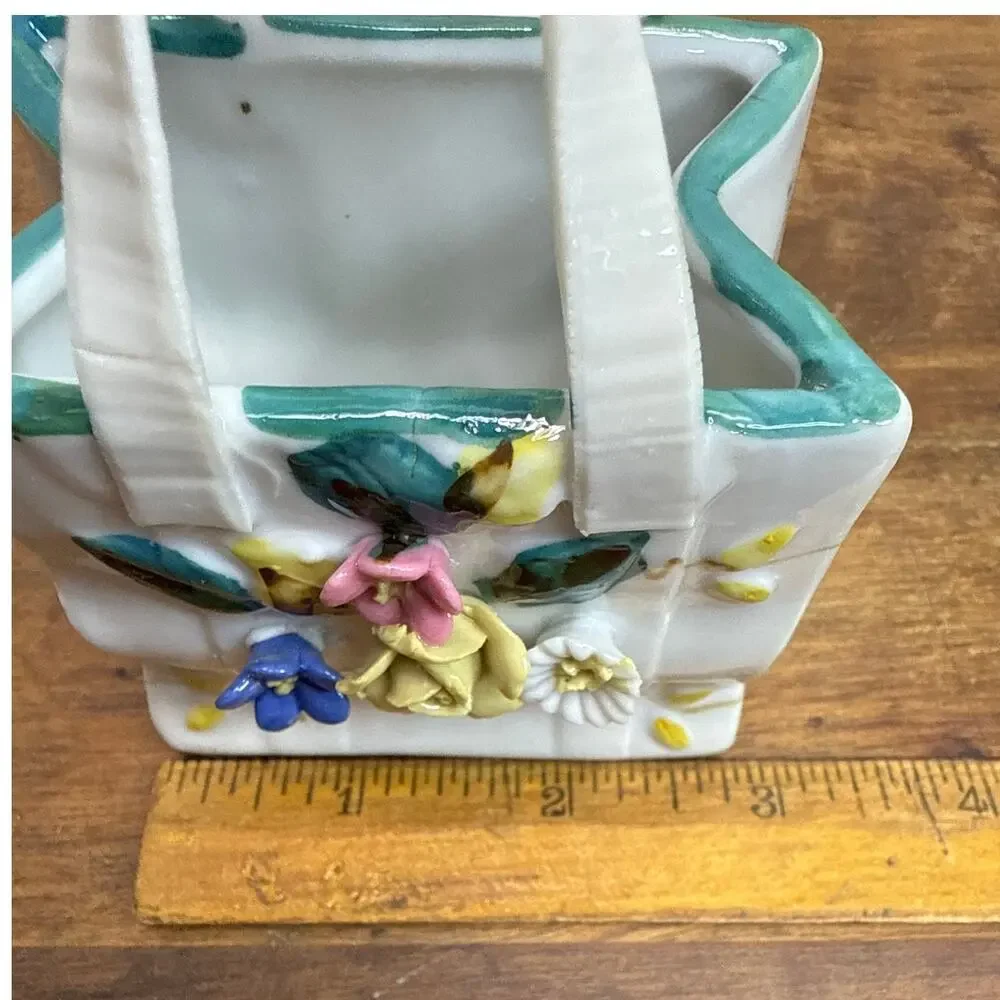 Handmade Porcelain Vintage Applied Flower Purse Bag Shaped Vase Catchall Décor